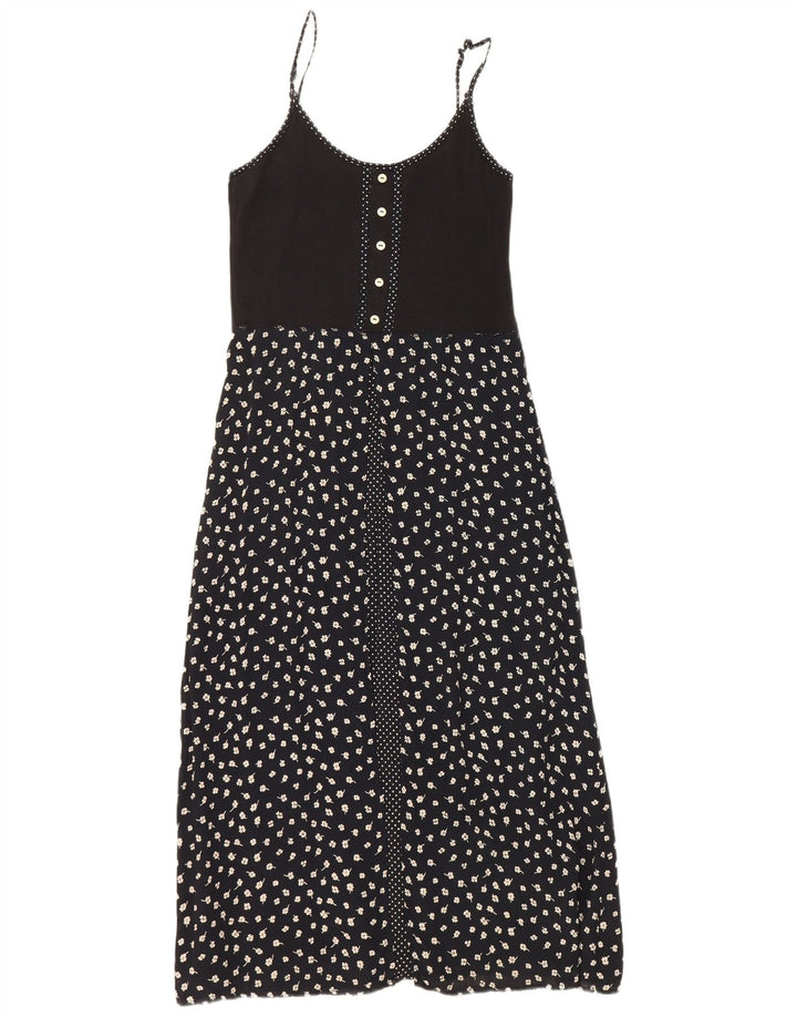 Vintage solkjole til kvinder UK 12 Medium Black Floral Viscose