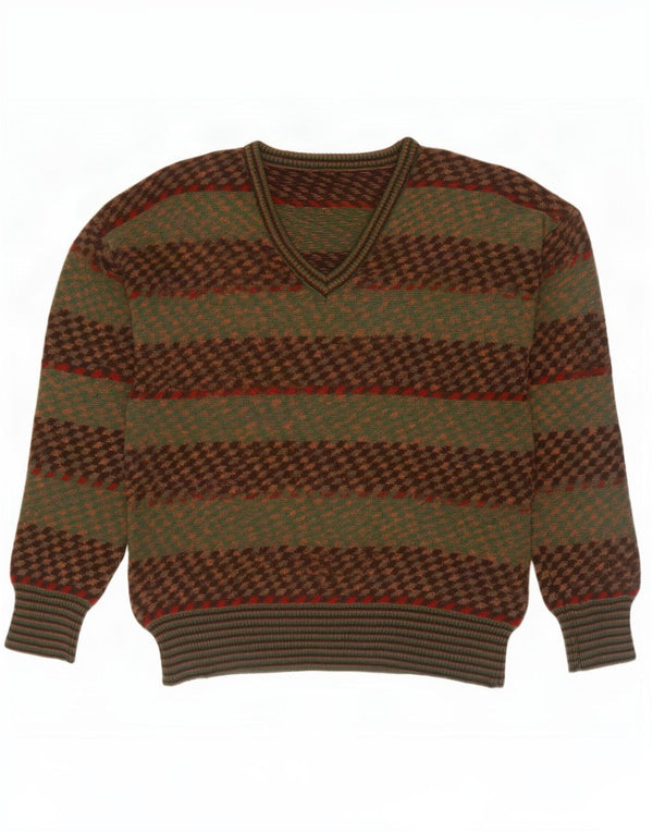 Vintage Herre V-hals sweater IT 50 Medium Khaki stribet