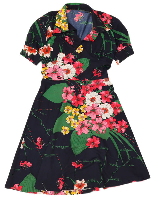 Vintage Dame A-Line Kjole UK 12 Medium Navy Blue Floral