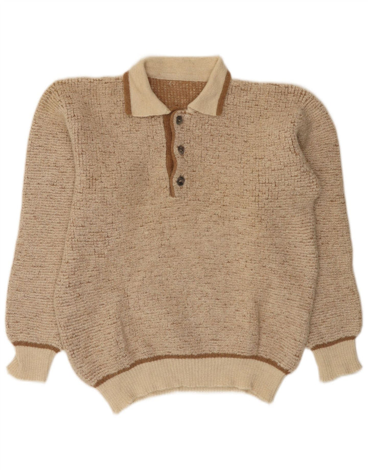 Vintage Herre Polo Neck Jumper Sweater Medium Beige Flecked Alpaca Wool