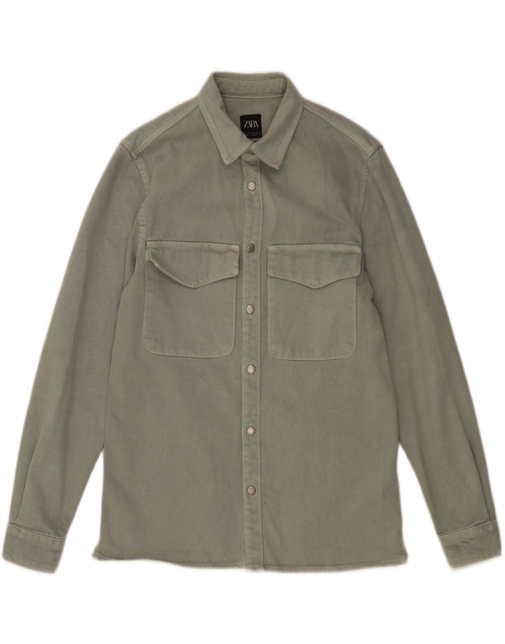 ZARA Herre Relaxed Fit Denim Shirt Lille Khaki Bomuld