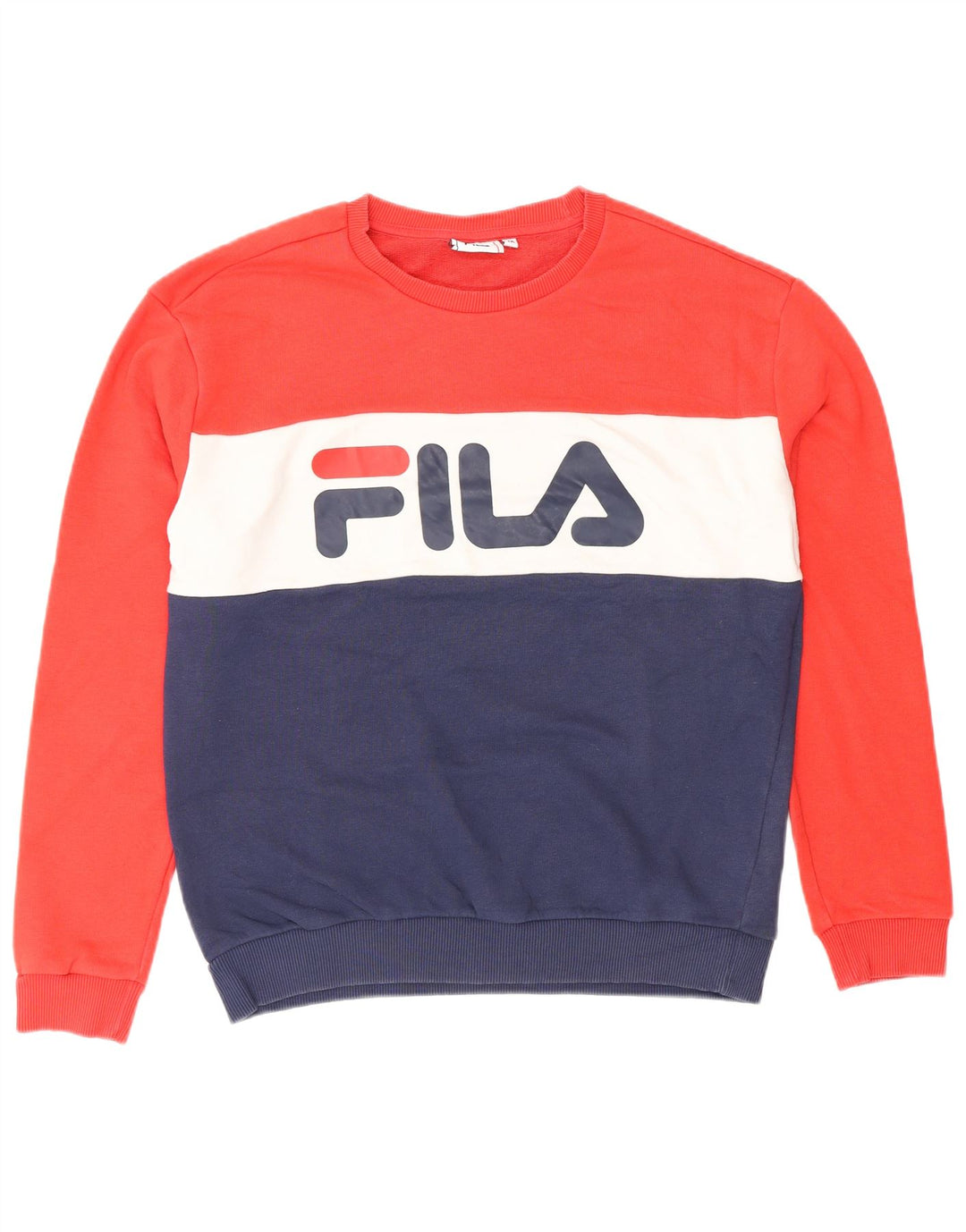 FILA Graphic Sweatshirt Jumper UK 14 Medium Navy Blue Colourblock
