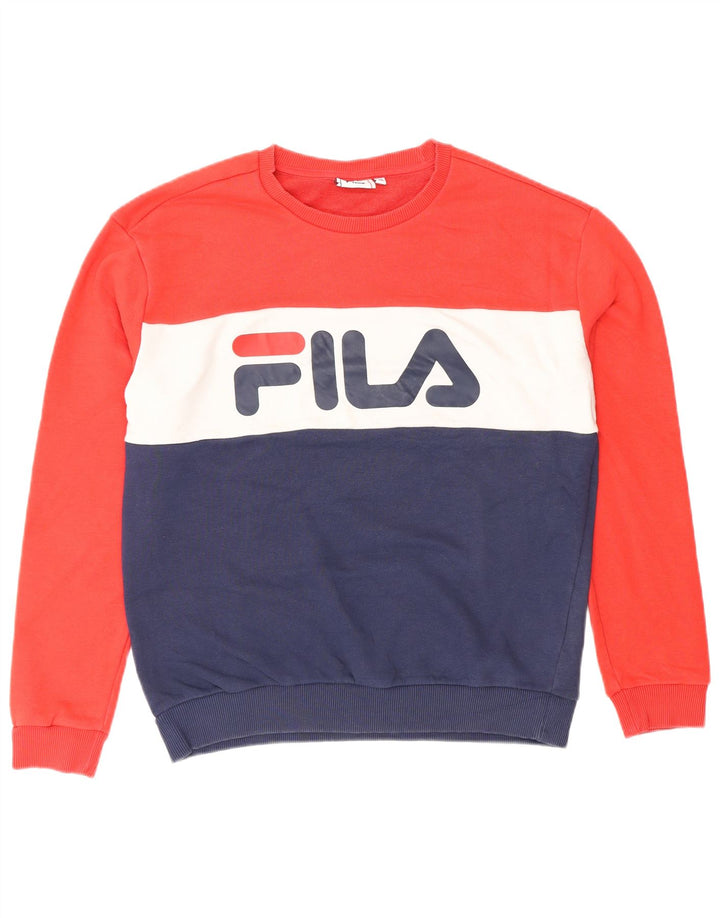 FILA Graphic Sweatshirt Jumper UK 14 Medium Navy Blue Colourblock
