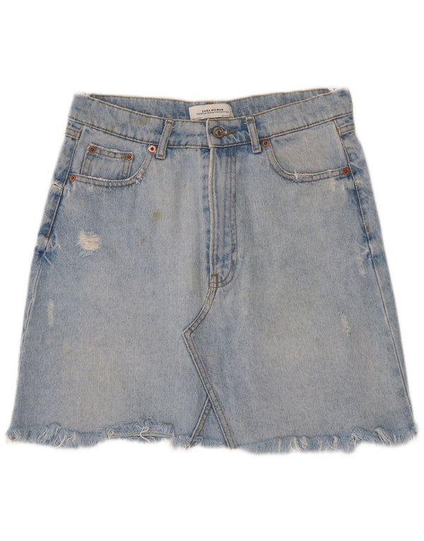 Zara Dame Distressed Mini Denim Nederdel Medium W28 Blå Bomuld