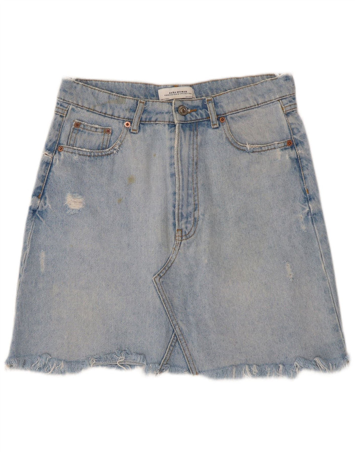 Zara Dame Distressed Mini Denim Nederdel Medium W28 Blå Bomuld