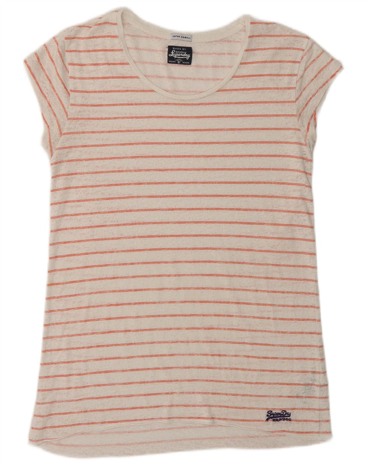 SUPERDRY Womens T-Shirt Top UK 6 XS Off White Striped Polyester