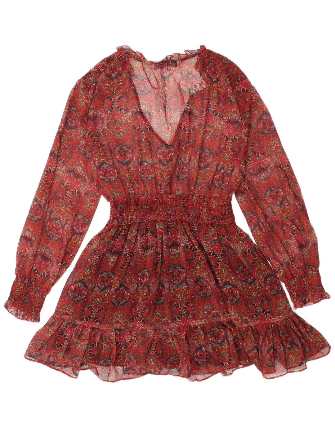 ZARA Dame Se Through Langærmet Tunika Top UK 8 Small Red Floral