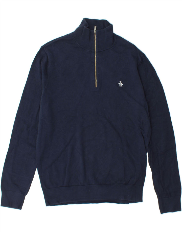 PENGUIN Mens Zip Neck Jumper Sweater Medium Navy Blue Cotton Vintage Penguin and Second-Hand Penguin from Messina Hembry 