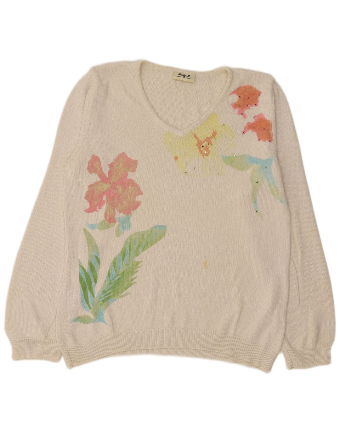 Vintage Dame V-hals sweater UK 14 Medium White Floral