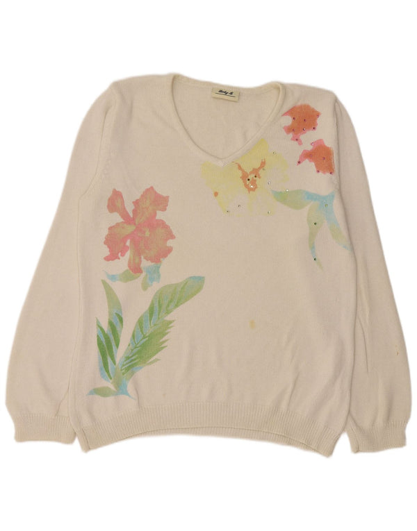 Vintage Dame V-hals sweater UK 14 Medium White Floral