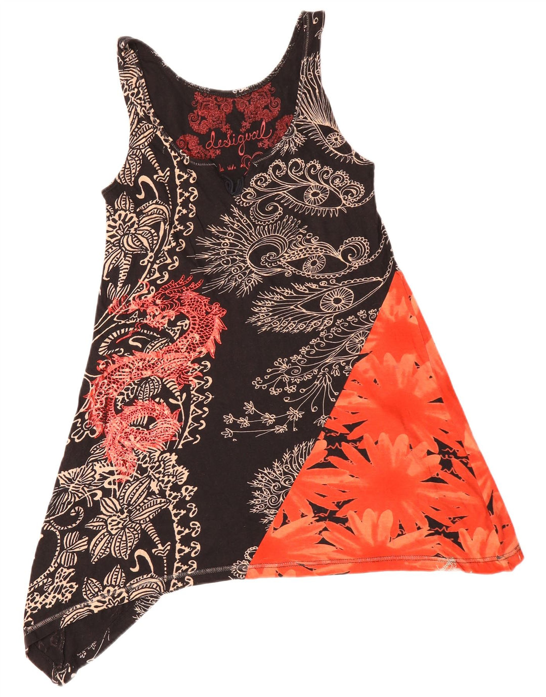 DESIGUAL Dame Ærmeløs Asymmetrisk Tunika Top UK 10 Small Black Floral