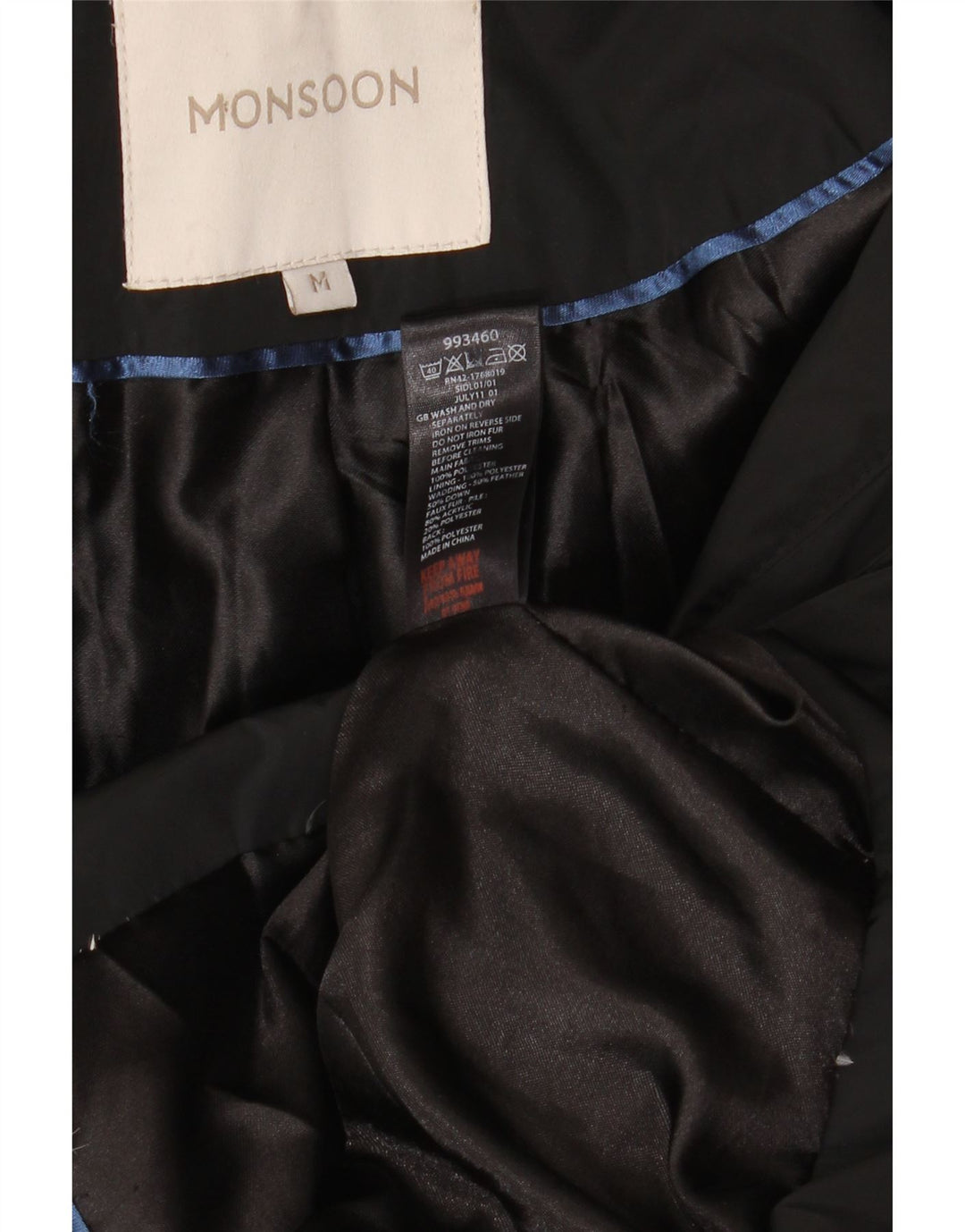 Monsoon Dame Hætte Polstret Frakke UK 14 Medium Sort Polyester