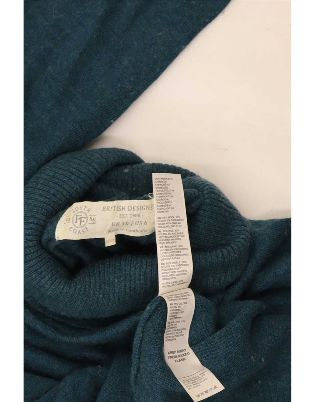 Fat Face Dame Roll Neck Jumper Sweater UK 10 Small Blue Wool