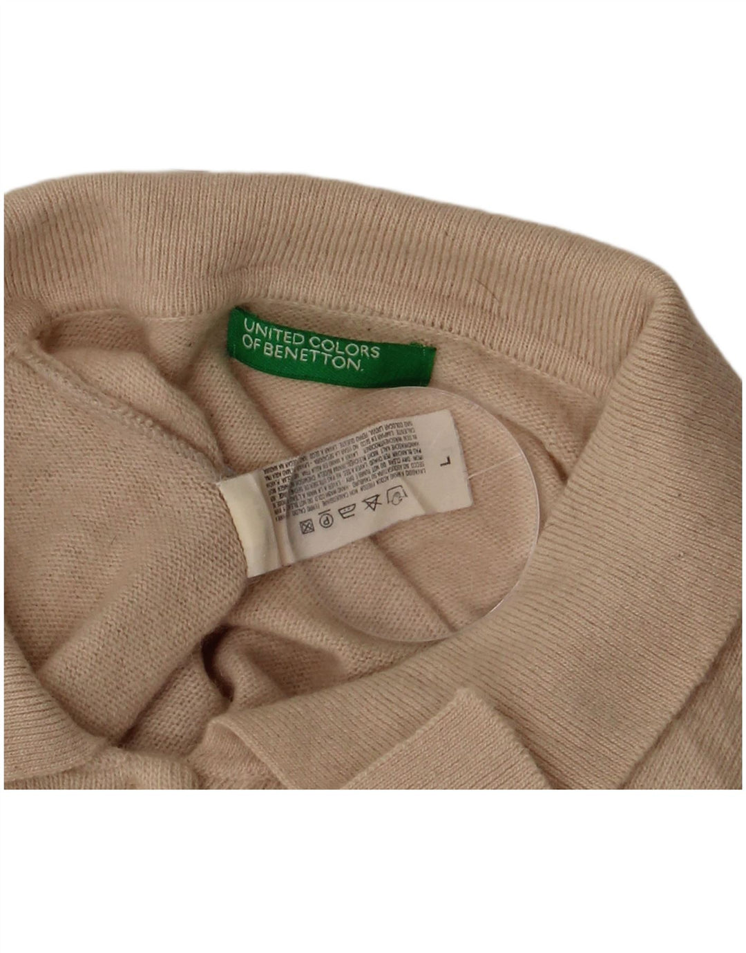 BENETTON Dame Polo Neck Jumper Sweater UK 16 Stor Beige Uld