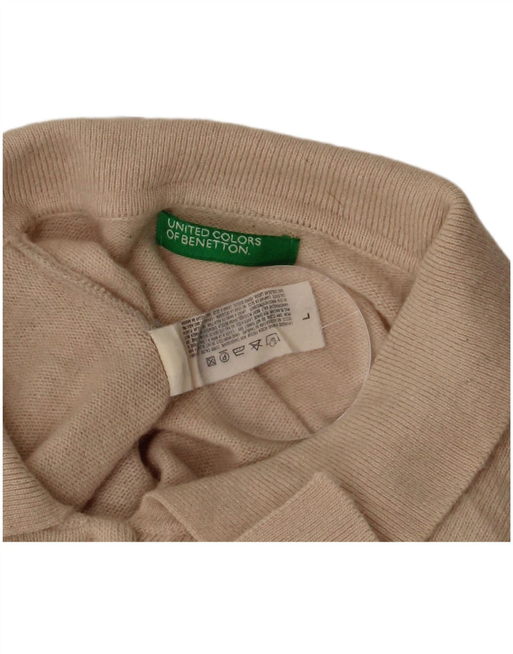 BENETTON Dame Polo Neck Jumper Sweater UK 16 Stor Beige Uld