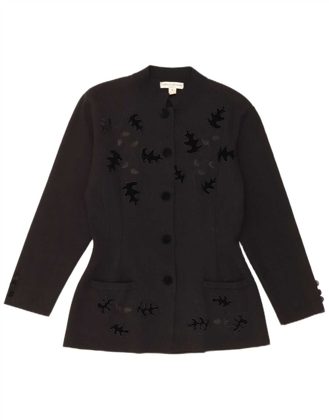 Vintage Dame 5 Button Blazer Jacket UK 10 Small Black Floral Virgin Wool