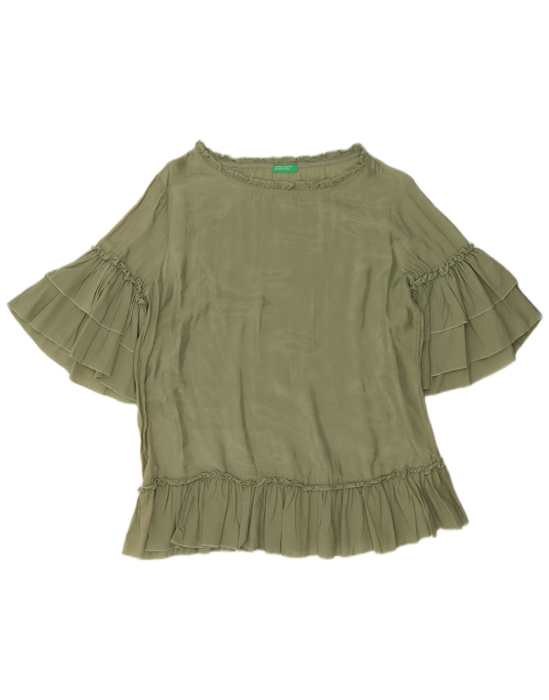 BENETTON Dame Oversized bluse Top UK 10 Small Green Cupro