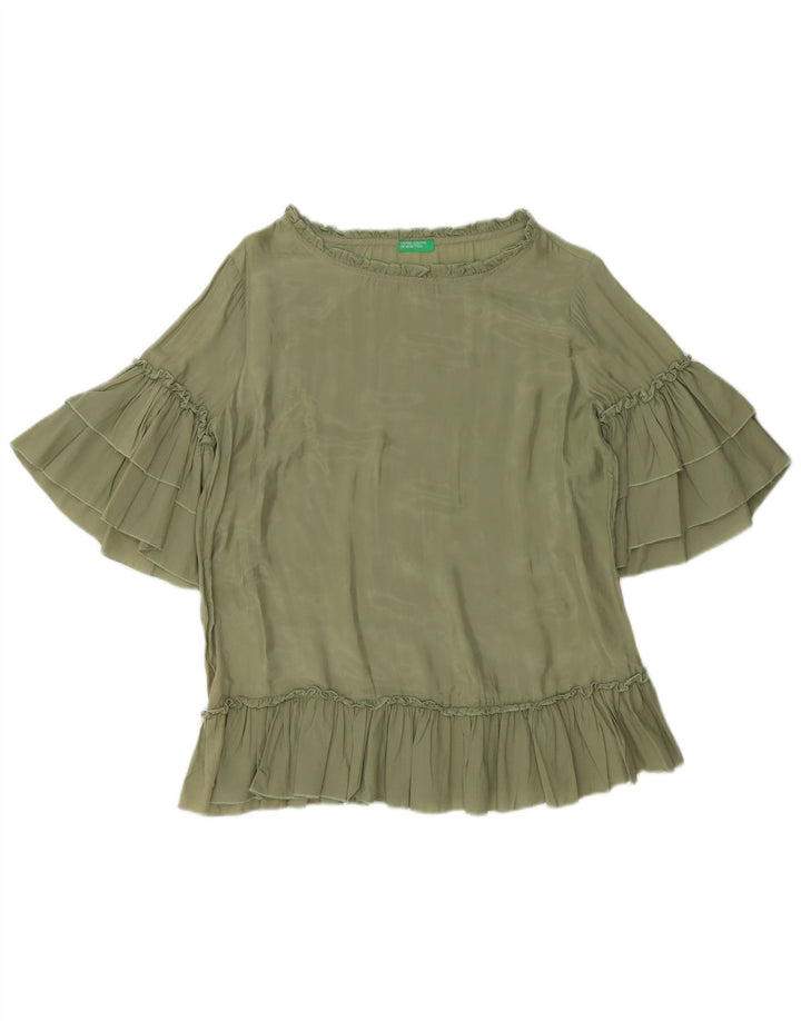 BENETTON Dame Oversized bluse Top UK 10 Small Green Cupro