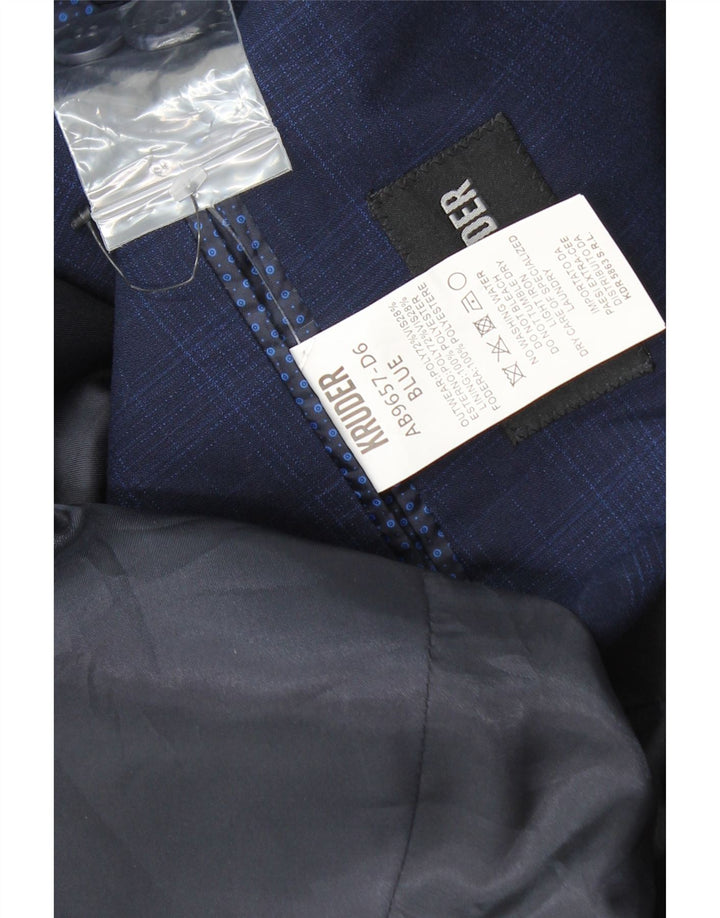 KRUDER Mens 2 Button Blazer Jacket UK 40 Large Navy Blue Check Polyester Vintage Kruder and Second-Hand Kruder from Messina Hembry 