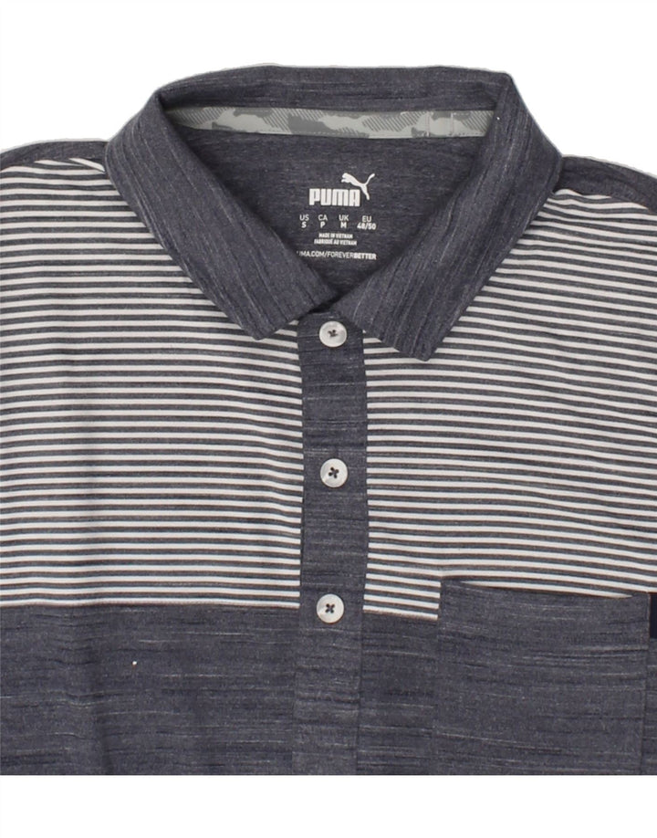 PUMA Mens Polo Shirt Medium Navy Blue Striped Polyester Vintage Puma and Second-Hand Puma from Messina Hembry 