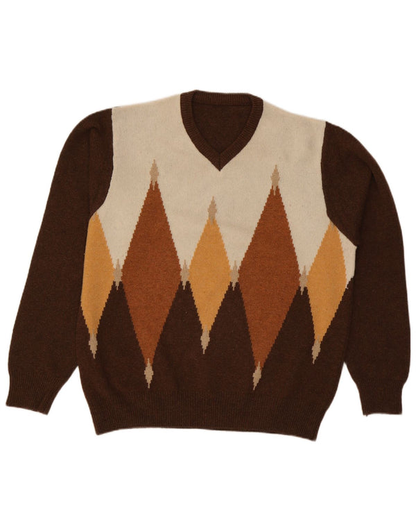 Vintage herre V-hals sweater stor brun Argyle/diamant