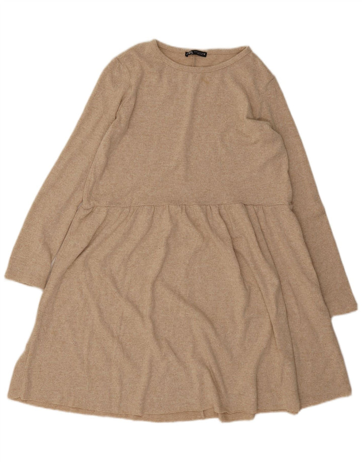 Zara Dame Langærmet Jumper Dress UK 12 Medium Beige Flecked Polyester