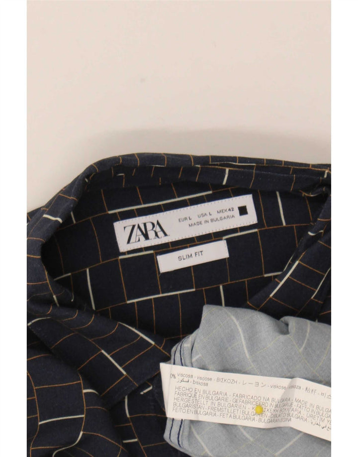 Zara Herre Slim Fit skjorte Stor marineblå ternet viskose
