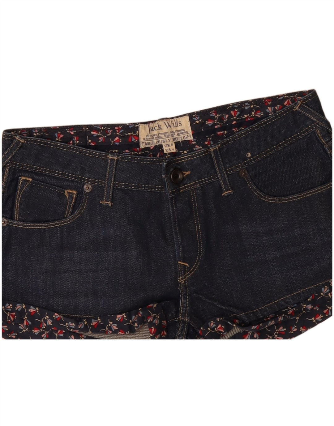 JACK WILLS Dame denim Shorts UK 8 Small W28 Navy Blue Floral