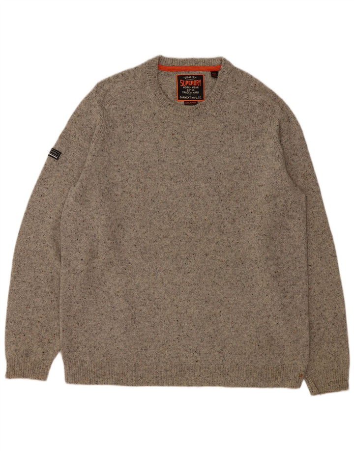 Superdry Sweater med rund hals til mænd 3XL Grå Flecked Uld