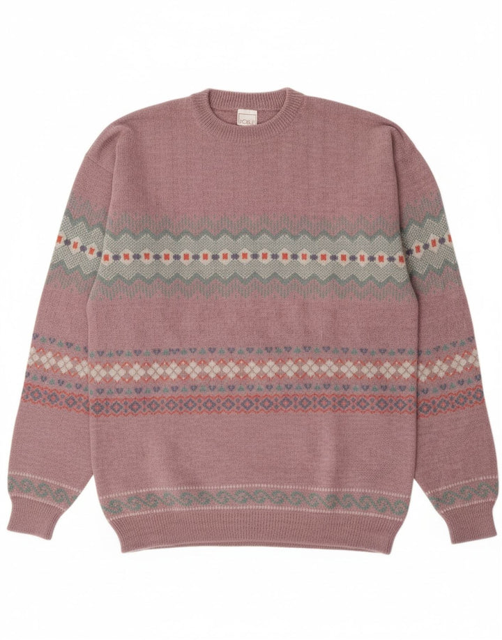 VOGUE Mens Crew Neck Jumper Sweater Medium Pink Fair Isle Acrylic