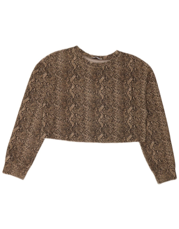 Zara Womens Crop Oversized Top Langærmet UK 10 Small Khaki Animal Print