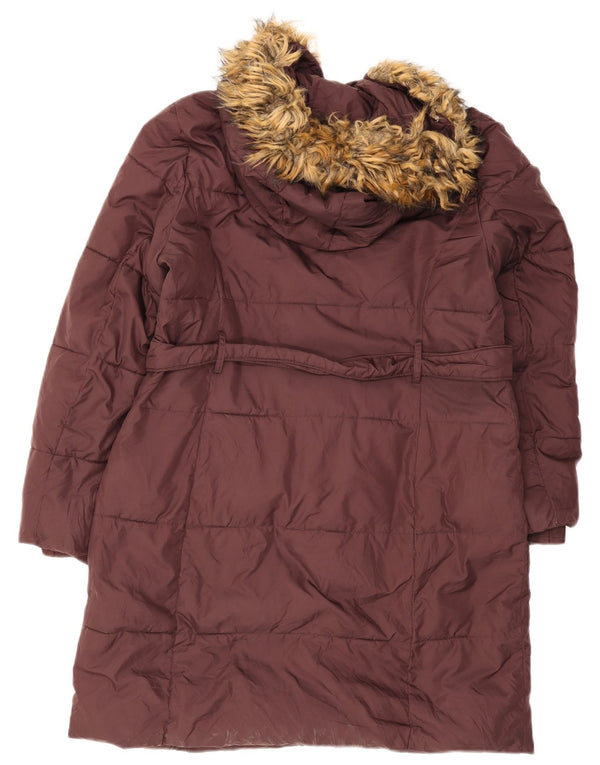 Dkny Dame Hætte Polstret Frakke UK 16 Large Burgundy Polyester