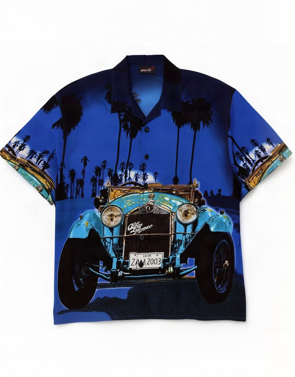 Vintage Hawaiiansk kortærmet skjorte til mænd, stor blå polyester