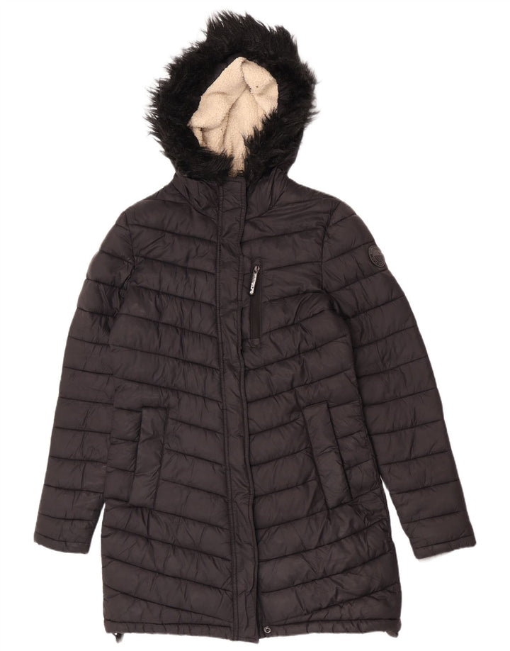 Superdry Polstret frakke med hætte til kvinder UK 14 Medium Sort Nylon