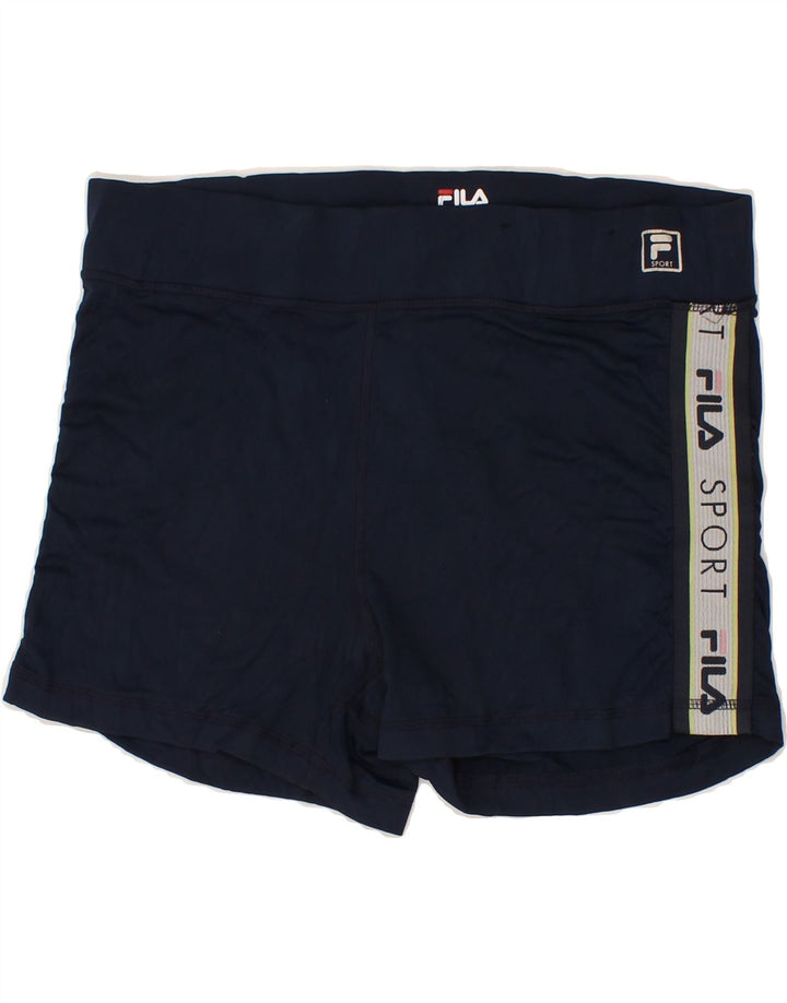 FILA Womens Graphic Sport Shorts UK 12 Medium  Navy Blue Polyester Vintage Fila and Second-Hand Fila from Messina Hembry 