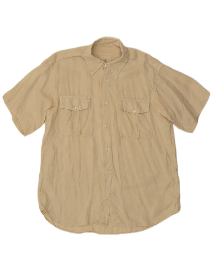 LES COPAINS Mens Short Sleeve Shirt IT 50 Medium Beige Linen