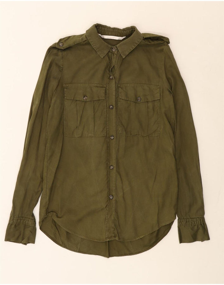 ZARA Longline oversized skjorte til kvinder UK 6 XS Khaki Lyocell