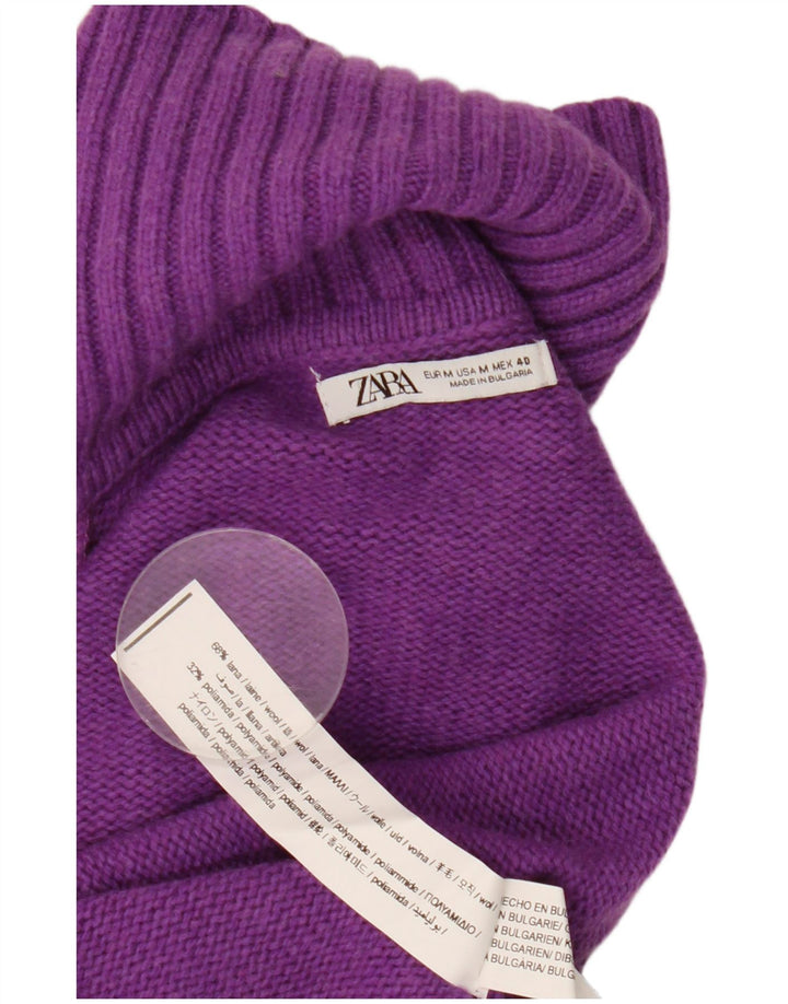 Zara Dame Rullehals Sweater UK 14 Medium Lilla Uld
