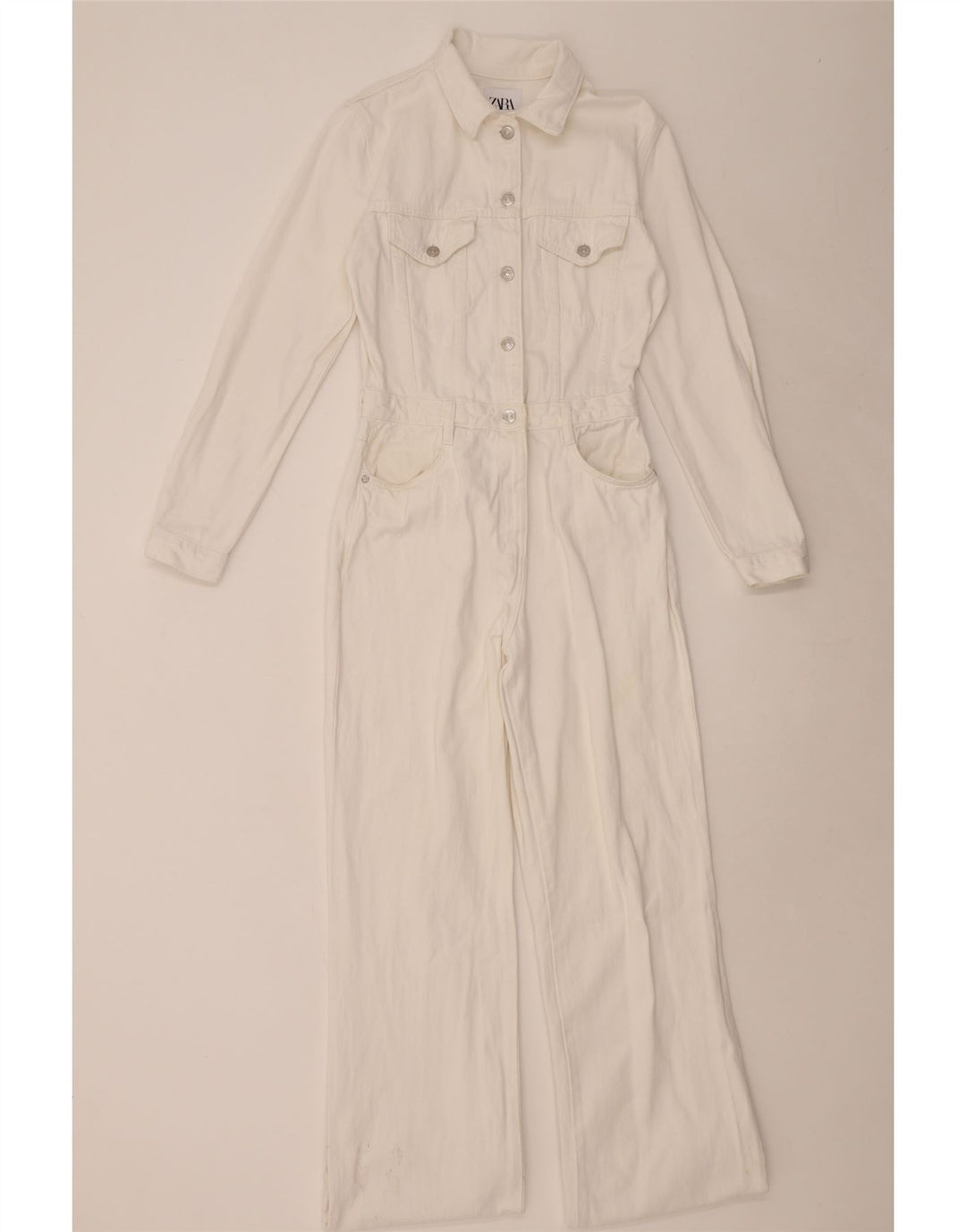 Zara Dame Denim Jumpsuit UK 14 Stor Hvid Bomuld