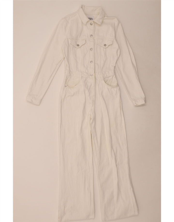 Zara Dame Denim Jumpsuit UK 14 Stor Hvid Bomuld