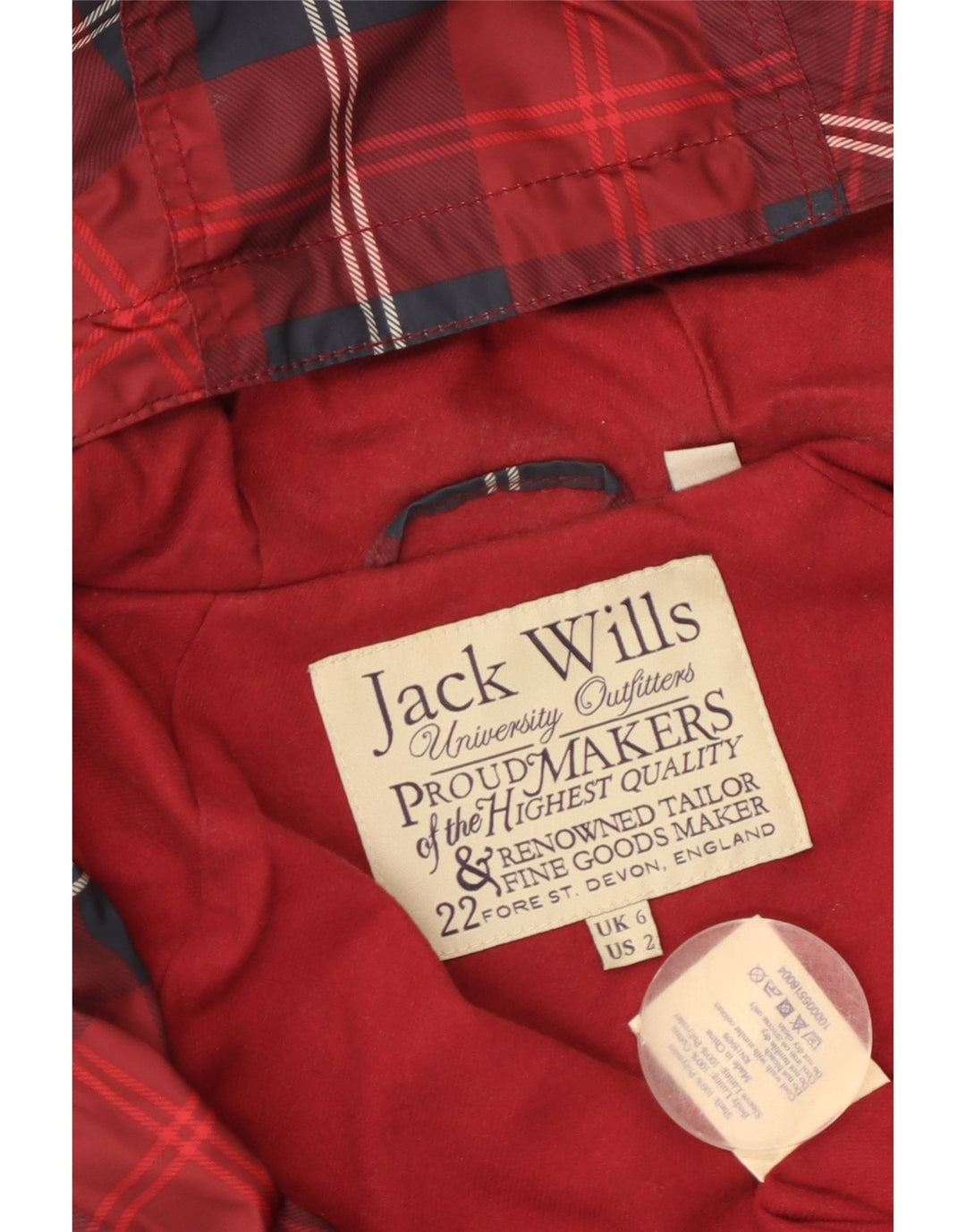 JACK WILLS Kvinder Oversized Hætte Regnjakke UK 6 XS Rød Ternet Polyester