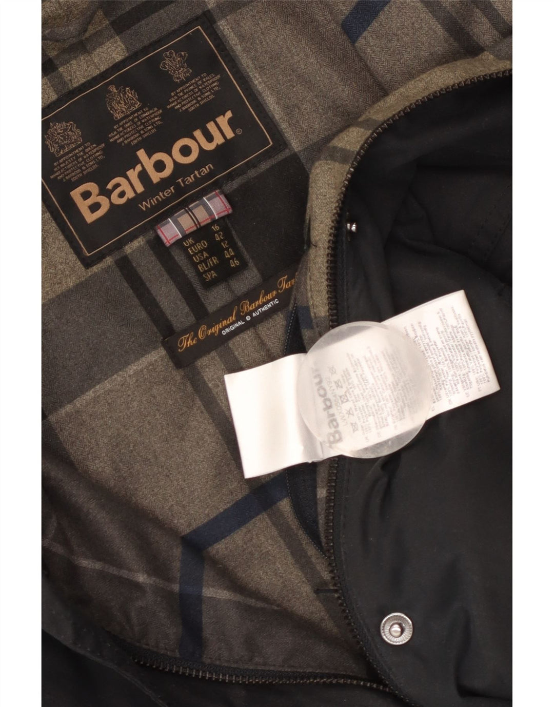Barbour Dame Vinter Tartan Vokset Jakke UK 16 Large Navy Blue