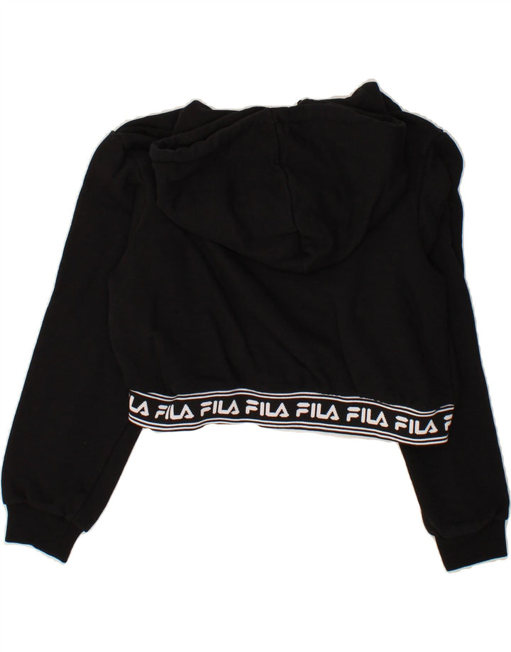 FILA Womens Crop Graphic Hoodie Jumper UK 12 Medium Black Vintage Fila and Second-Hand Fila from Messina Hembry 