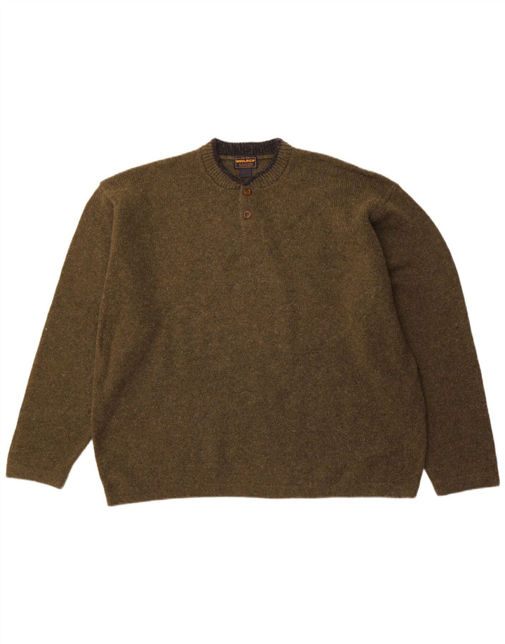 WOOLRICH Herre Button Neck Jumper Sweater 2XL Khaki Wool