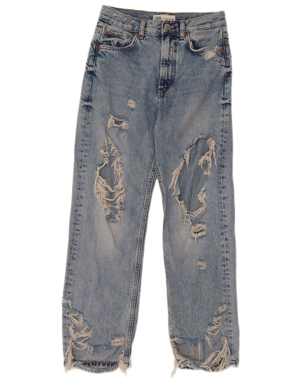 Zara Dame Distressed Straight Jeans EU 34 2XS W24 L26 Blå Bomuld