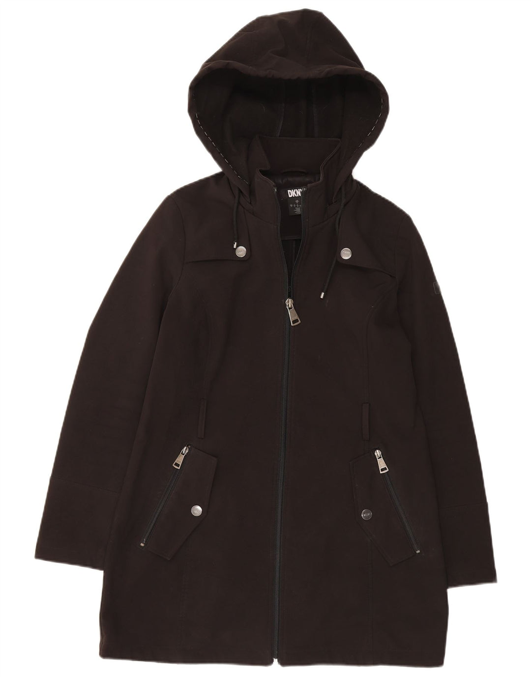 Dkny Dame Hætte Oversized Windbreaker Coat UK 10 Small Black Polyester
