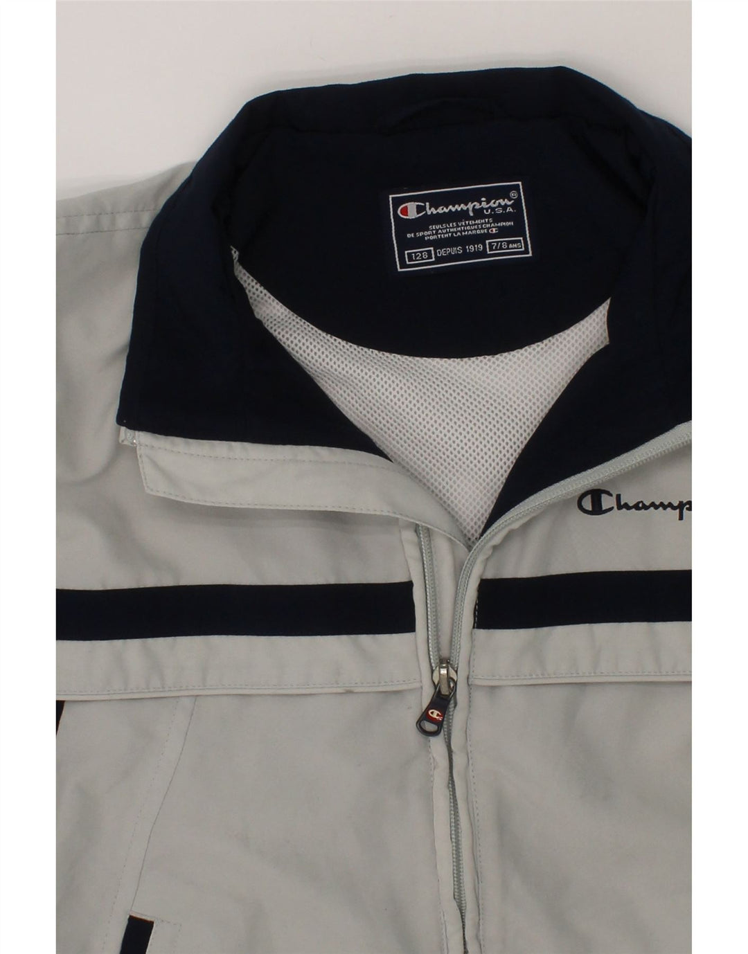 CHAMPION Boys Tracksuit Top Jacket 7-8 Years Grey Colourblock Polyester Vintage Champion and Second-Hand Champion from Messina Hembry 