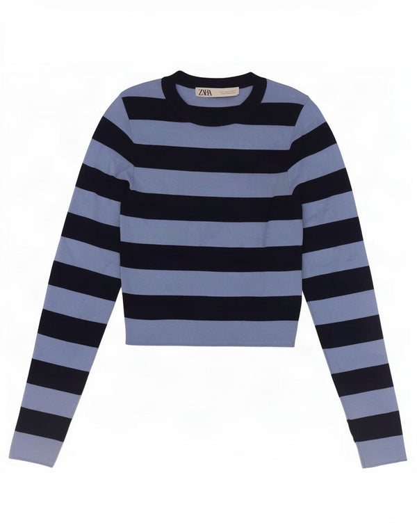 Zara Dame Crop Top Langærmet UK 8 Lille Blå Stribet