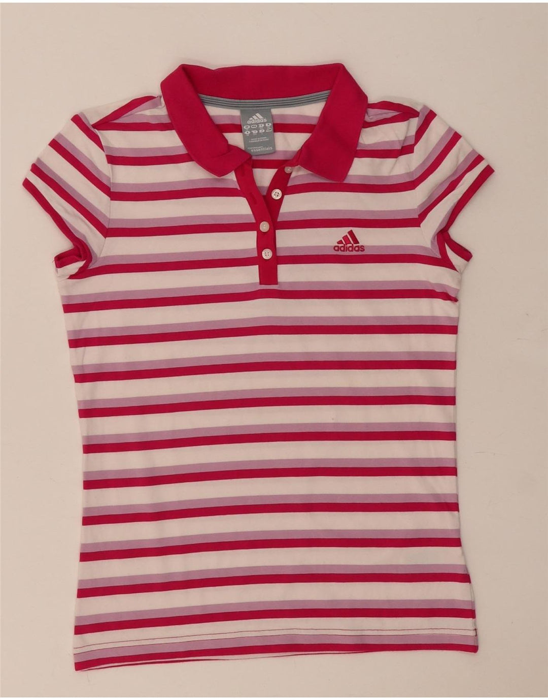 Adidas Dame Polo Shirt UK 12 Medium Pink Stribet Bomuld