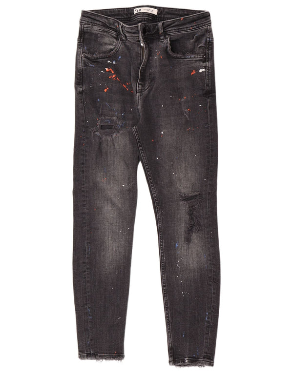 Zara Herre Distressed Skinny Jeans EU 38 Small W30 L27 Sort plettet bomuld